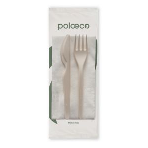 BIS TENEDOR + CUCHILLO COMPOSTABLE BLANCO + SERVILLETA DOBLE VELO