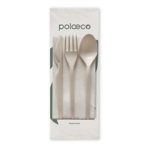 TRIS TENEDOR+CUCHILLO+CUCHARA COMPOSTABLE BLANCO+SERVILLETA DOBLE VELO