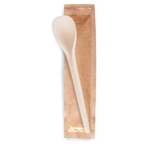 CUILLÈRE ICE-CURVY COMPOSTABLE BEIGE COULEUR PLEIN EMBALLÉE EN PAPIER COMPOSTABLE