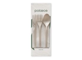 TRIS TENEDOR+CUCHILLO+CUCHARA COMPOSTABLE BLANCO+SERVILLETA DOBLE VELO
