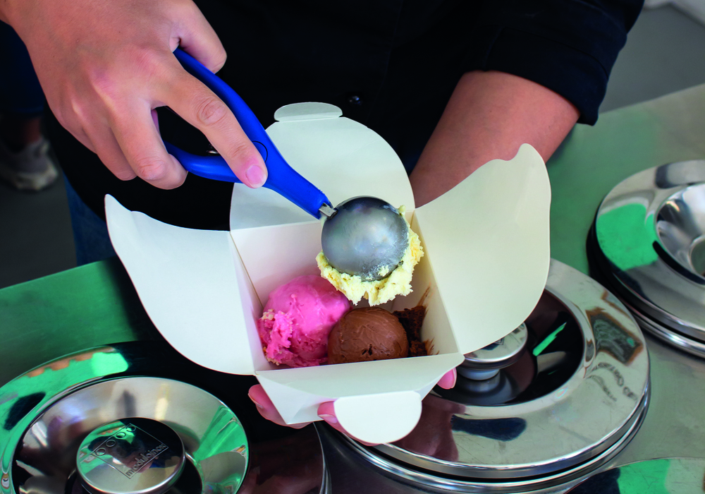 person places ice cream cups inside a bowl